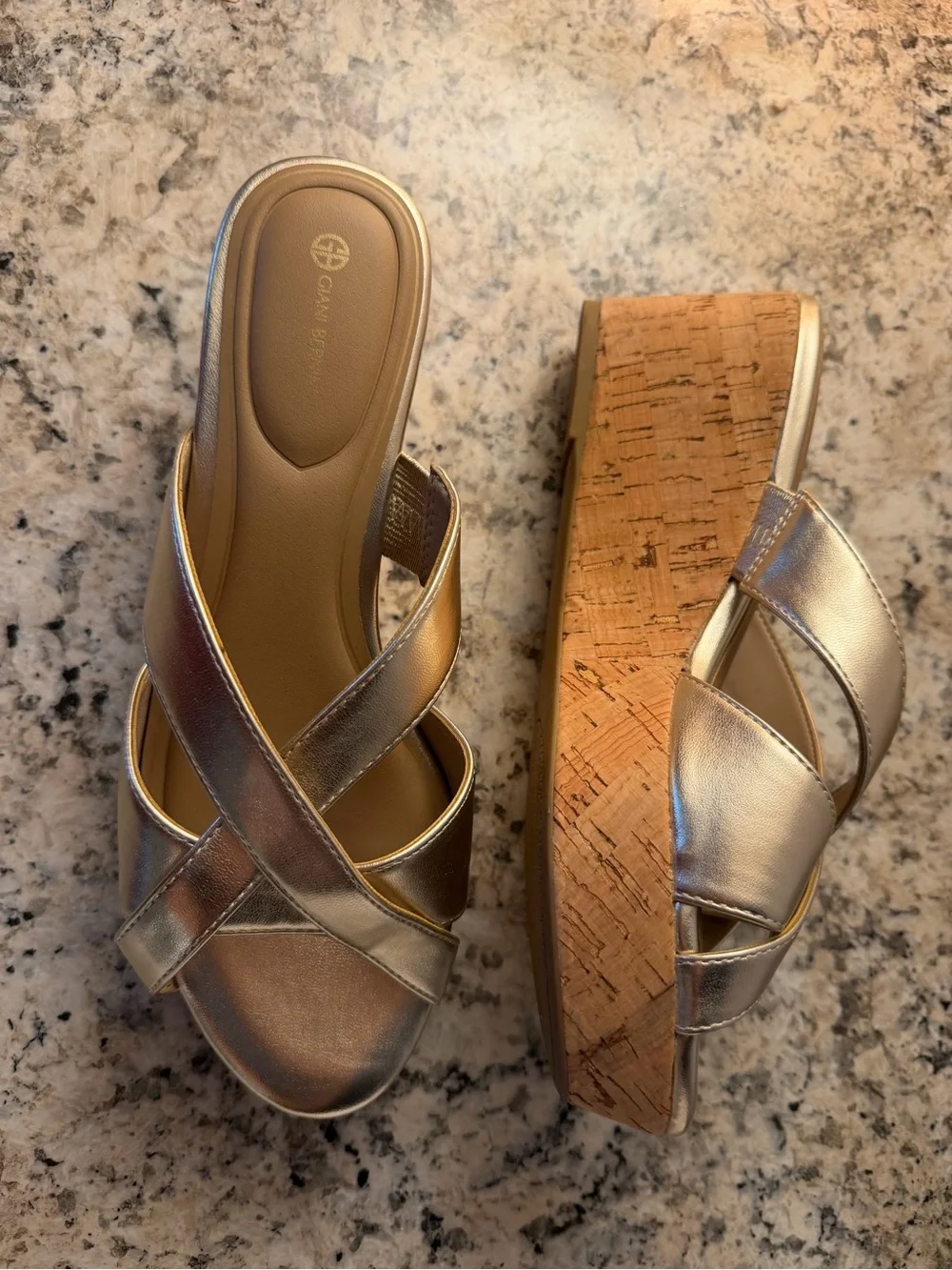 Metallic Gold Cork Wedge Slide Sandals - Cross Strap Comfort